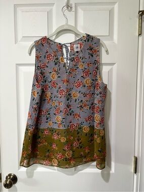 CAbi Floral Sleeveless Tie-Back Top in Olive & Multi-Stripe